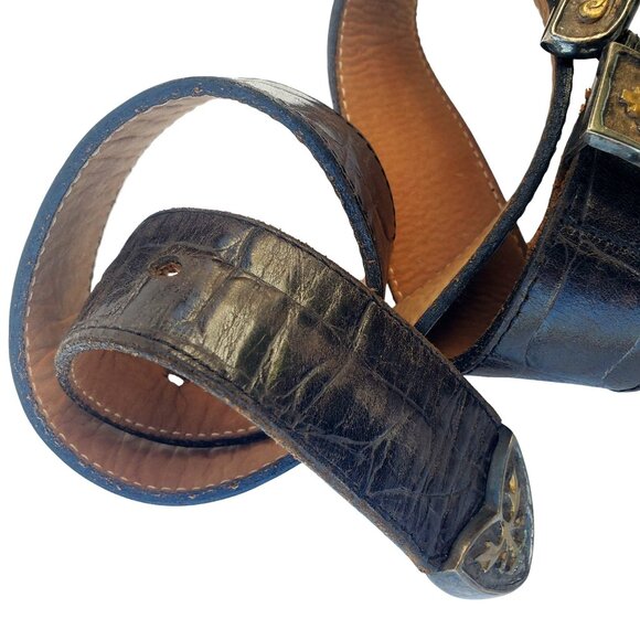 Vintage Western Belt S M Streets Ahead Leather Brass Buckle USA Unisex Chunky - Picture 10 of 14